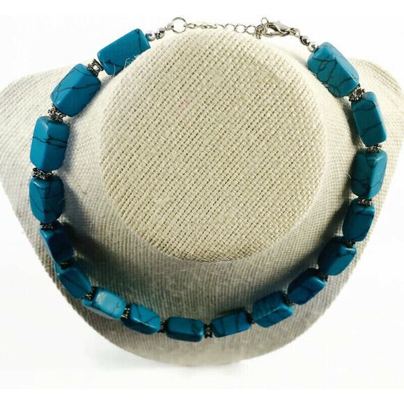 Rectangular Faux Turquoise Rock Necklace 16.5" Long Silver Clasp - Picture 6 of 10